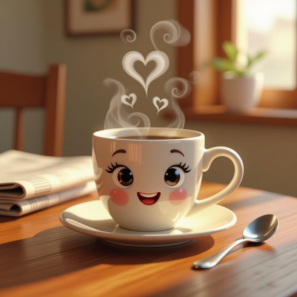 Smiling Coffee Mug Still Life in Whimsical Style