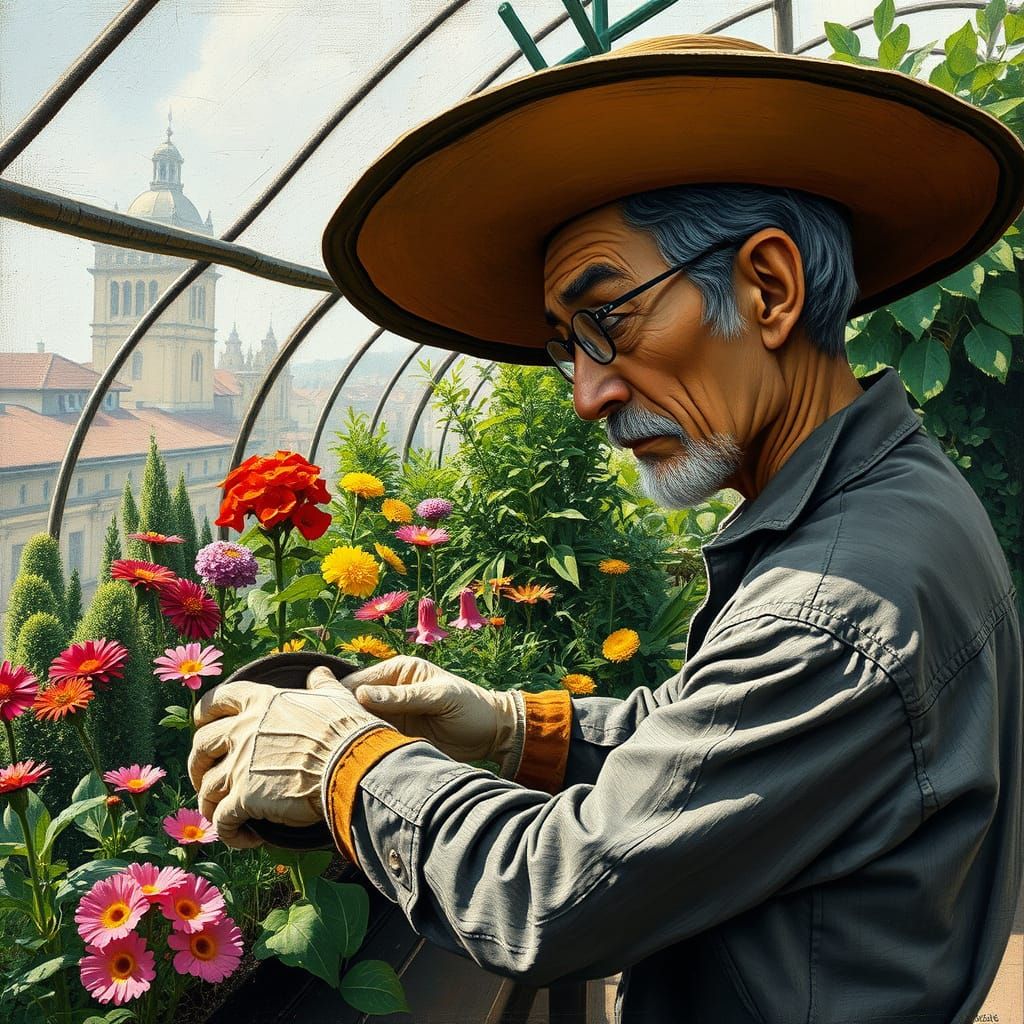 Rooftop Greenhouse Gardener in Art Brut Style