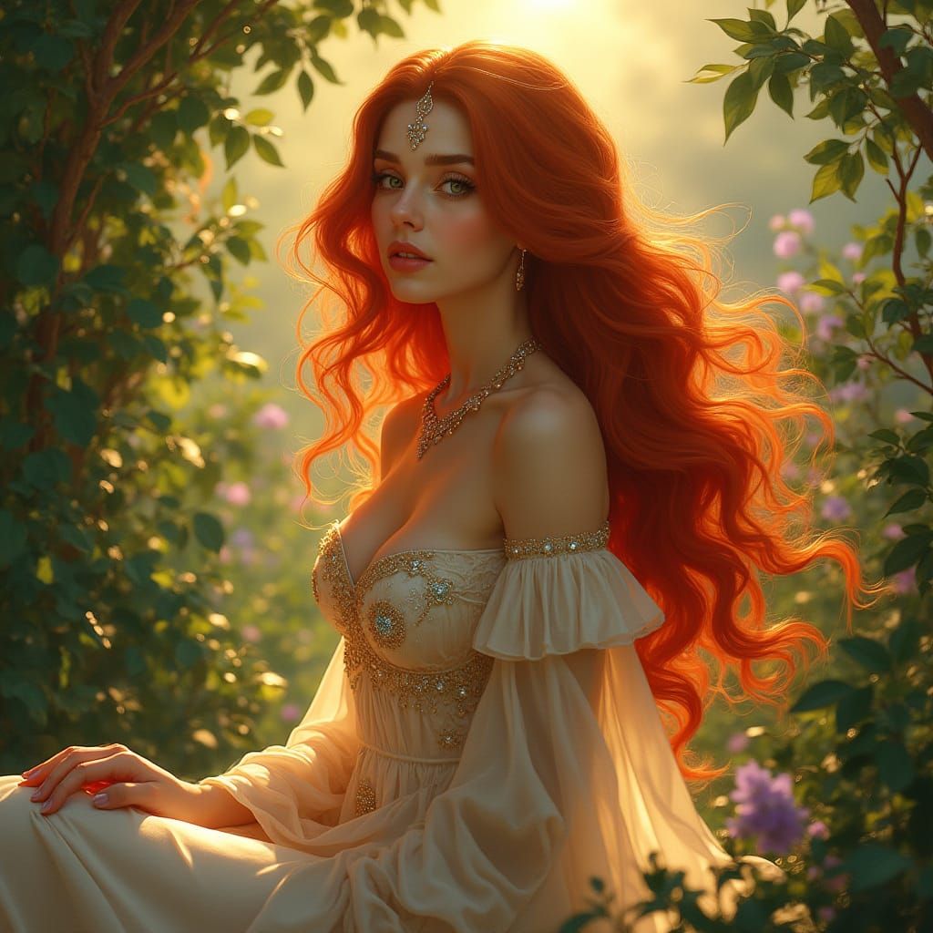 Majestic Woman in Lush Garden: Romantic Illustration