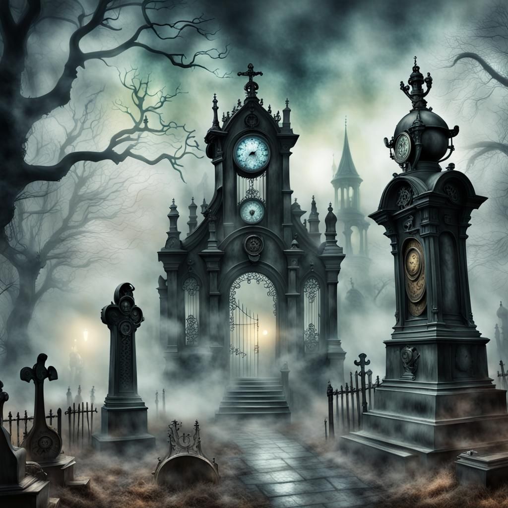 Eerie steampunk mysterious graveyard emerges from the thick ethereal mist.