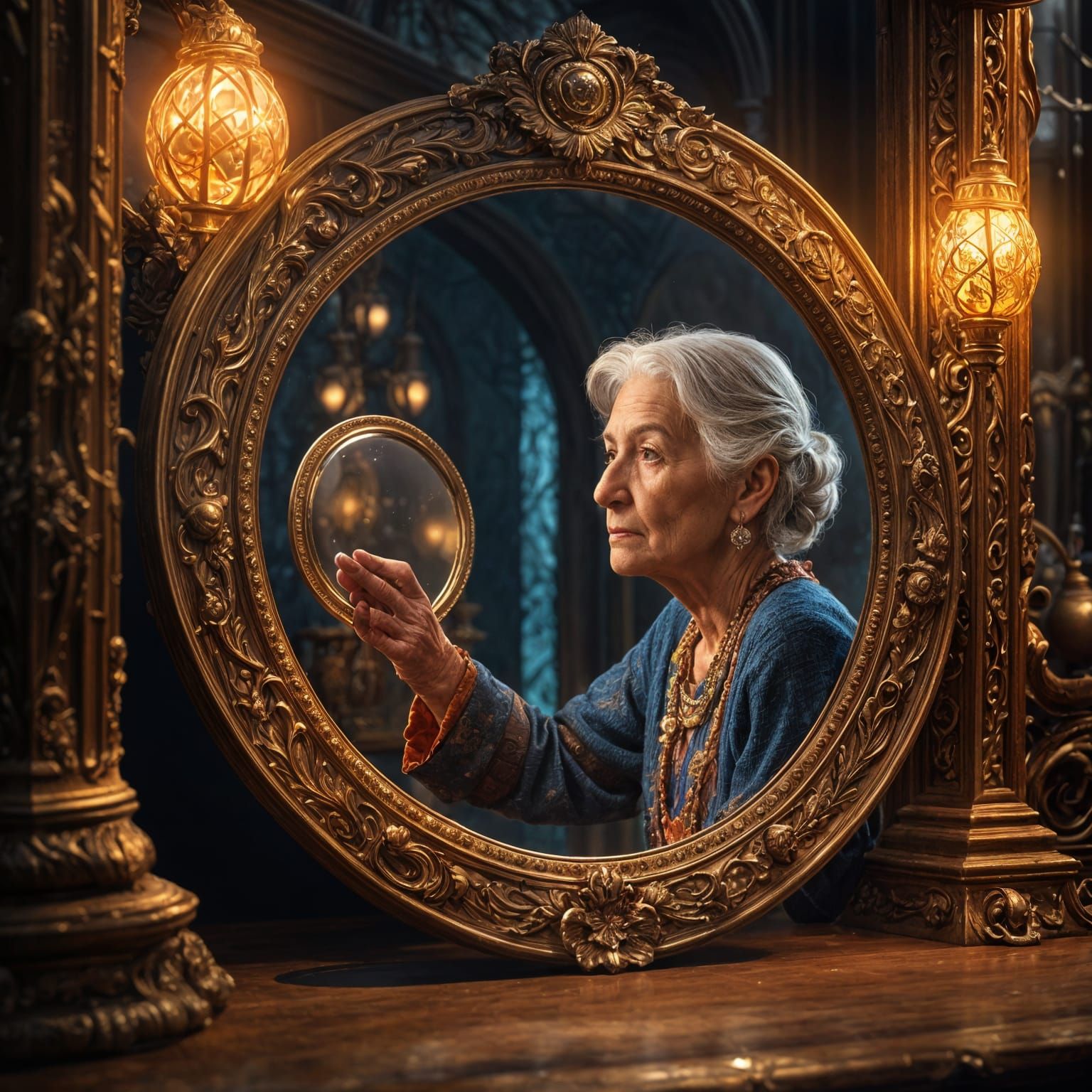 Charming Elderly Woman in Realistic 3D Mirror