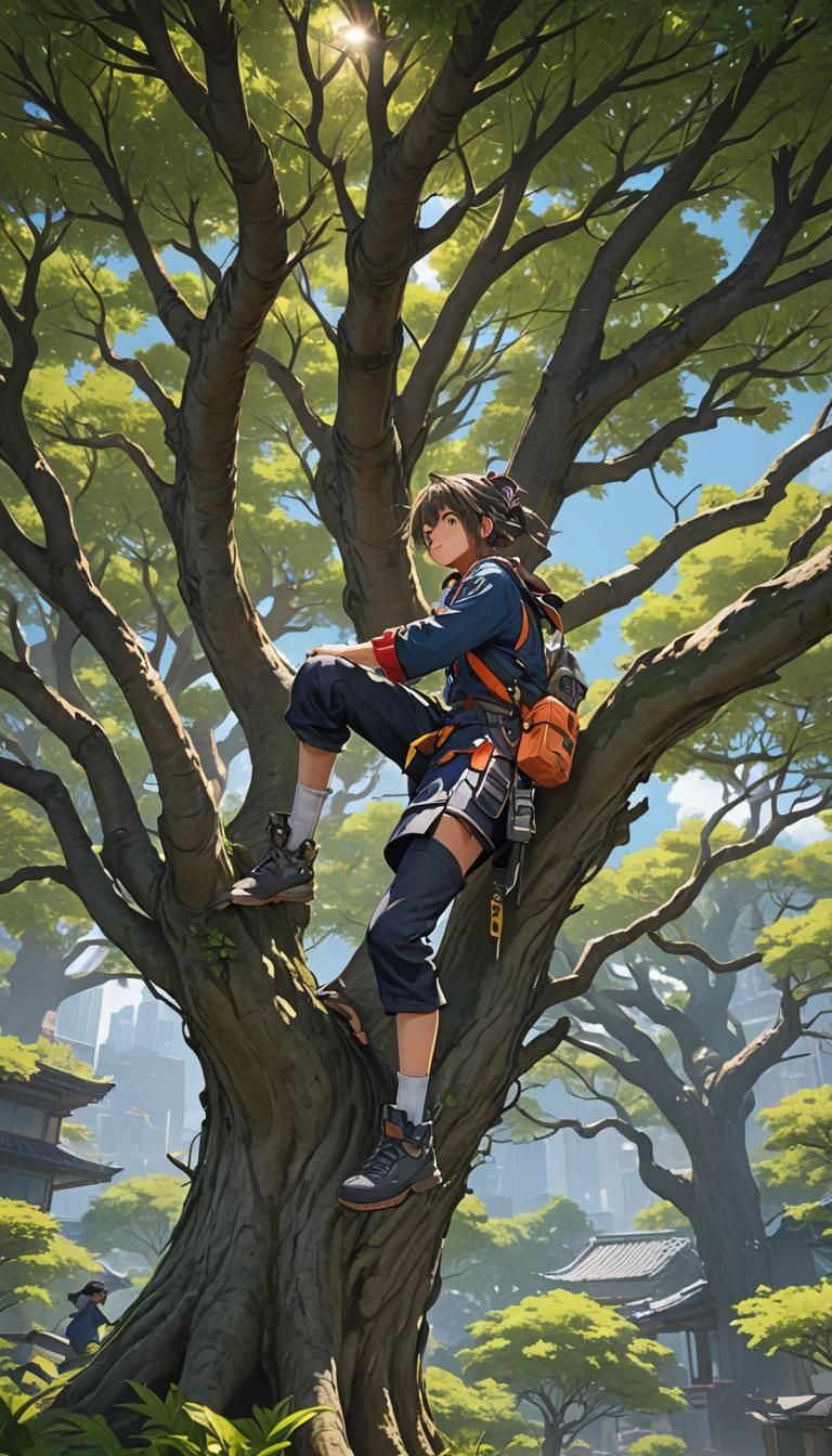 Anime Style 3D Art: Person Hugging Tree