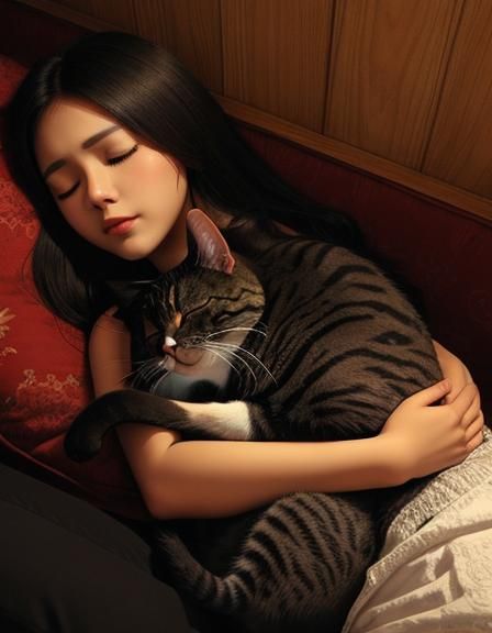 Cat and Woman Sleeping Together Peacefully
