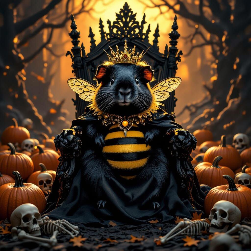 Queen Guinea Pig in Bee Costume on Skeleton Throne