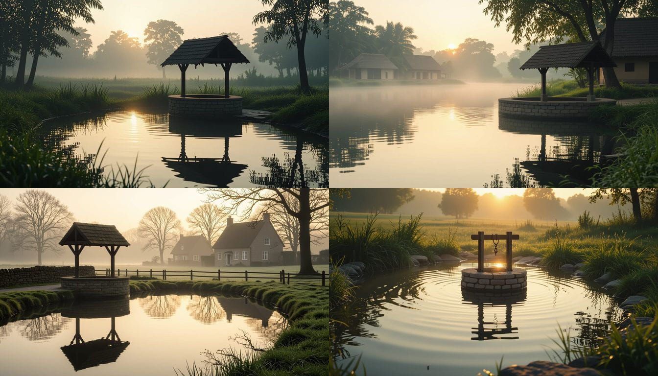 Village Well Reflecting Morning Light in Muted Earthy Tones