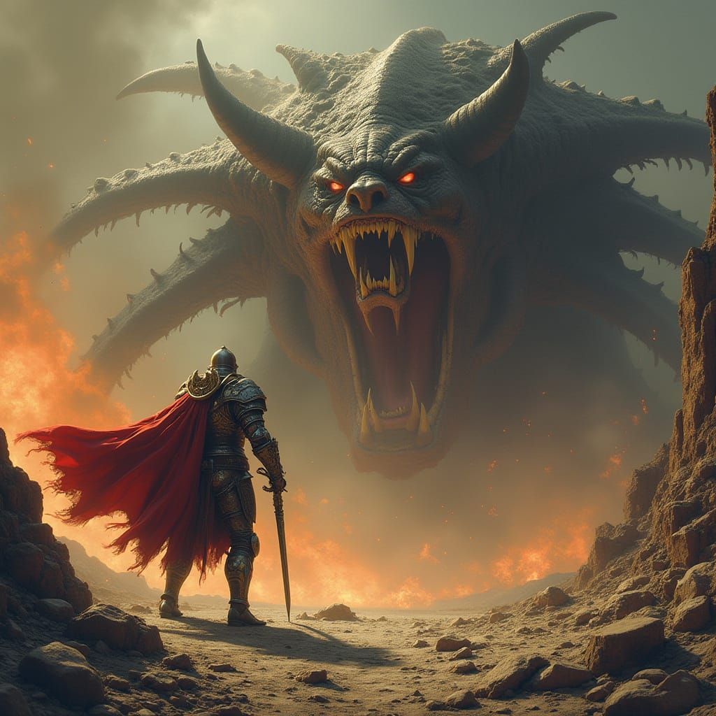 Knight vs. Multi-Headed Beast in Volcanic Landscape