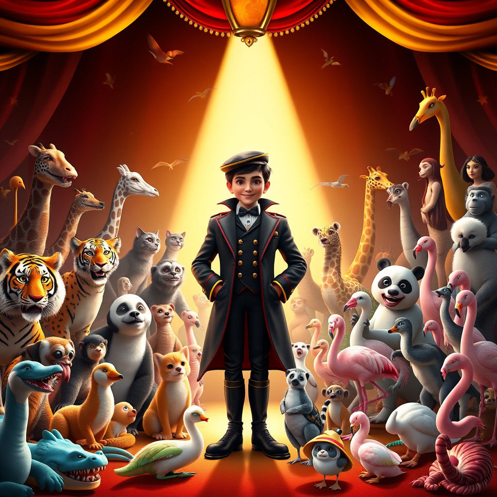 Charismatic Ringmaster Surrounded by Animals in Fantasy Art