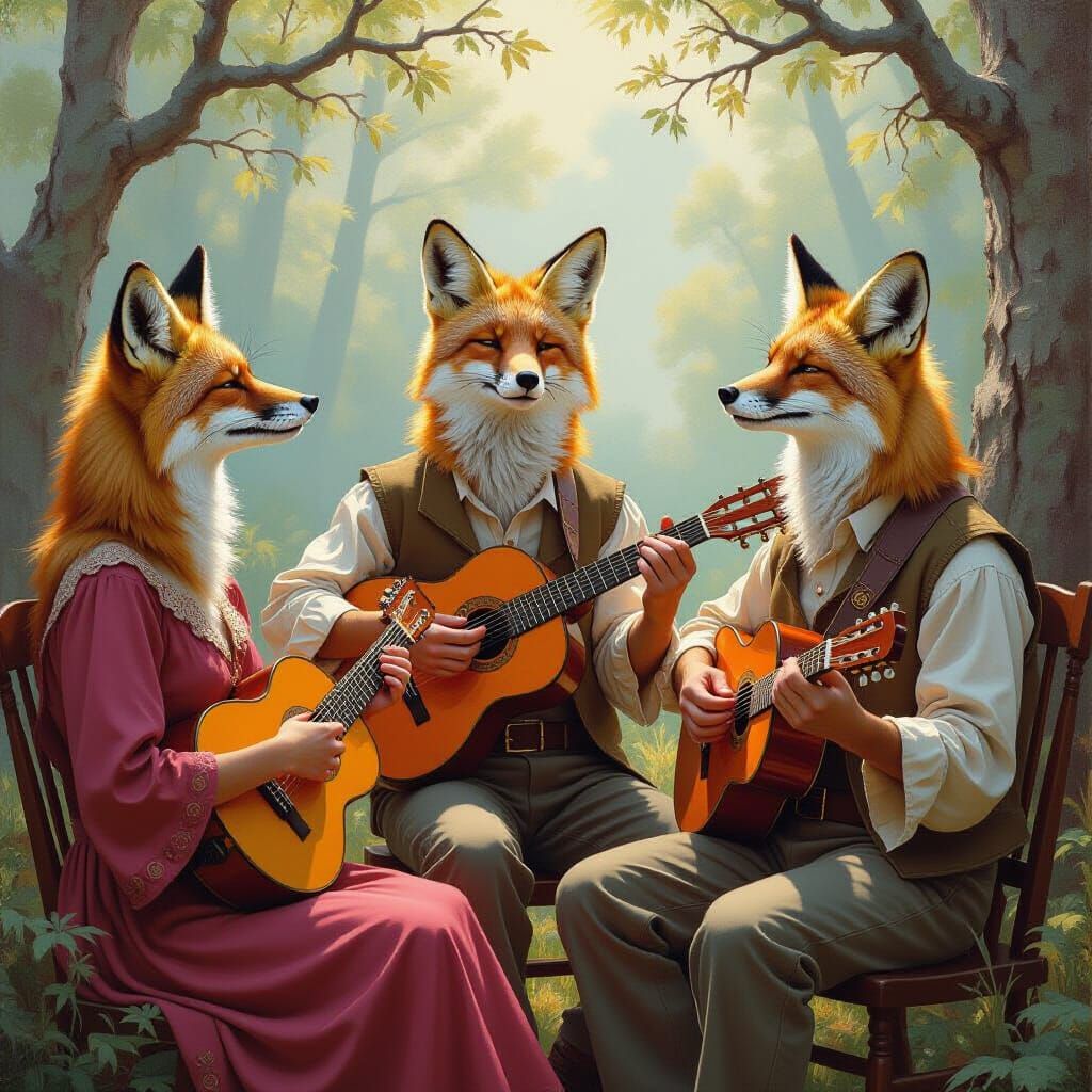 Fox People Singing in an Oil Painting