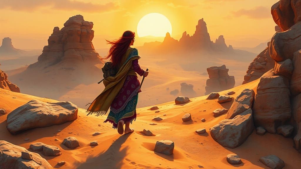 Mystical Gypsy Trek Across Hyperdetailed Desert