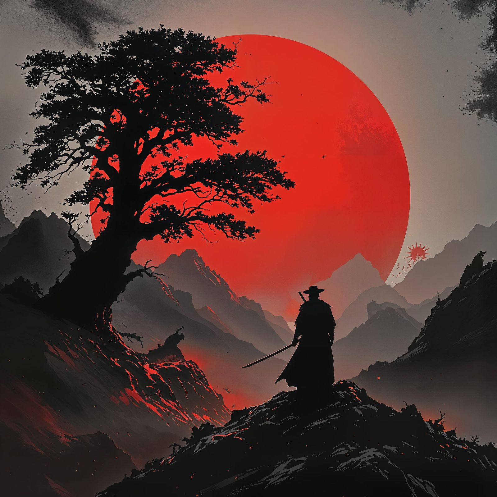 Dramatic Samurai Silhouette Against a Red Sun