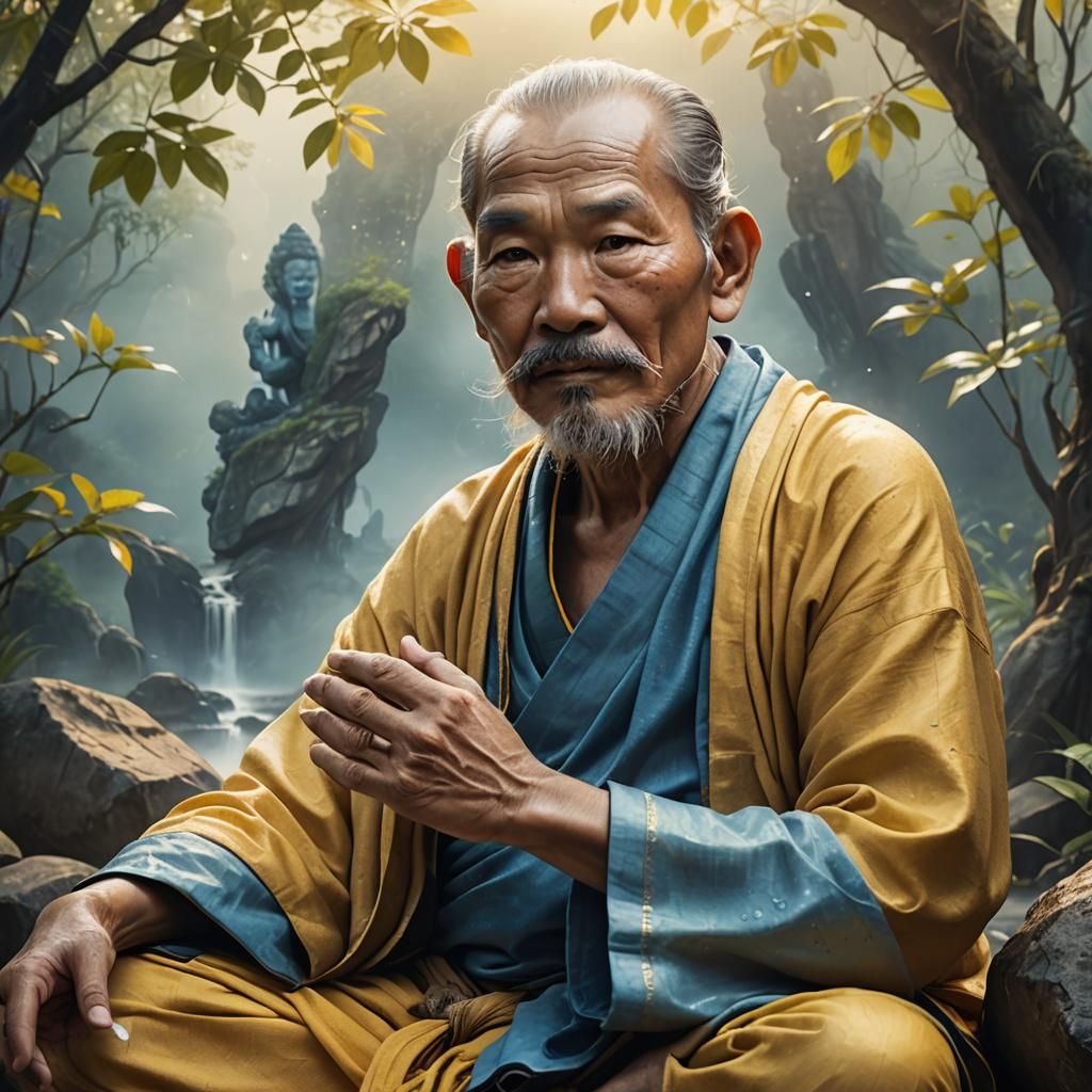 Wise Thai Man Meditating in Ethereal Landscape