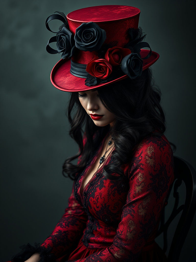 Gothic Victorian Woman in Crimson with Black Lace