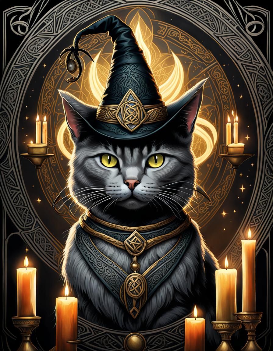 Gray Striped Cat in Witch Hat, Dark Fantasy Art