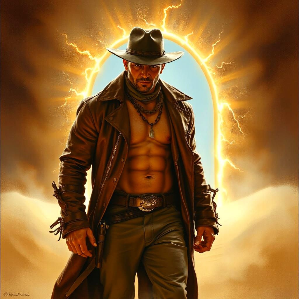 Cowboy Emerges from Neon Portal: Hyperrealistic Fantasy