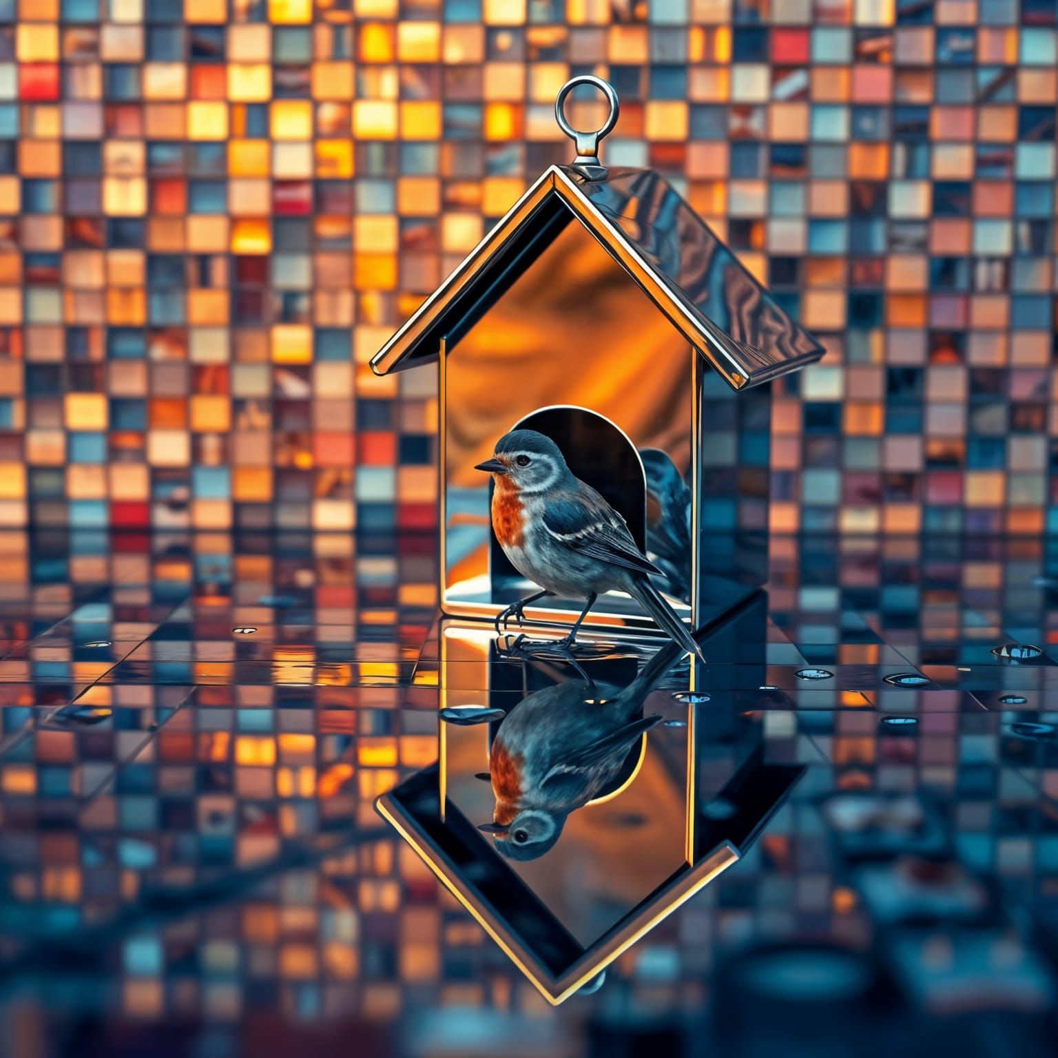 Chrome Birdhouse Reflected in Mosaic