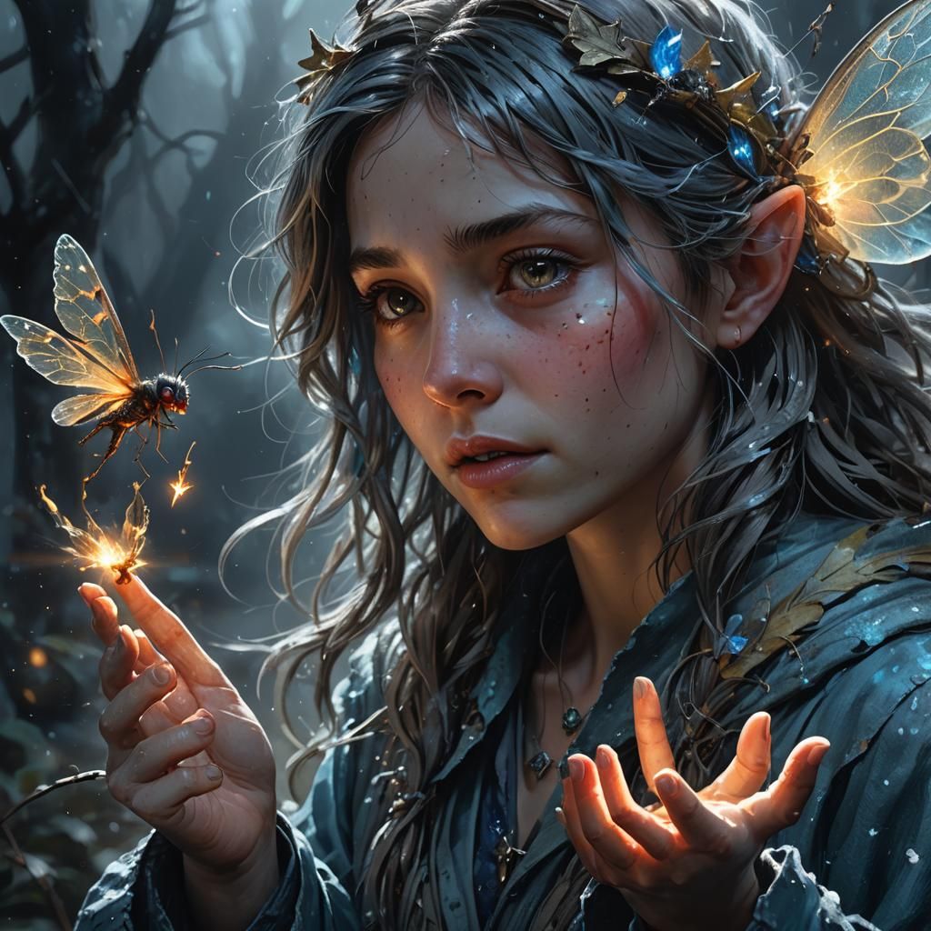 Grimy Fairy Gazes at Firefly: Hyperrealistic Splash Art
