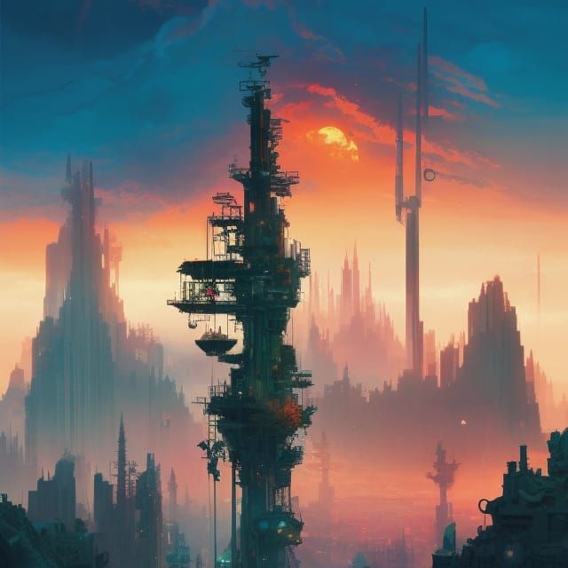 Scenic Cyberpunk Tower Illustration