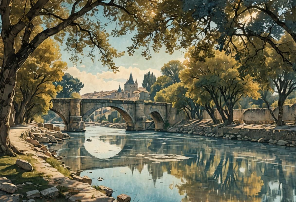 Ancient Bridge Reflects Warm Golden Light over Serene Rhône...