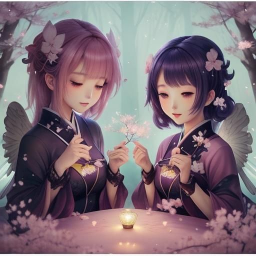 Anime Angels with Sakura Wings in Misty Forest