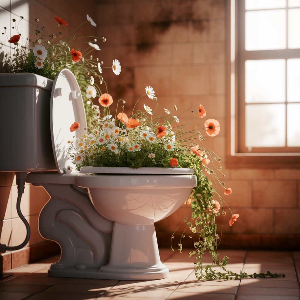 Wildflowers Overflowing from Impeccably Clean Toilet Bowl
