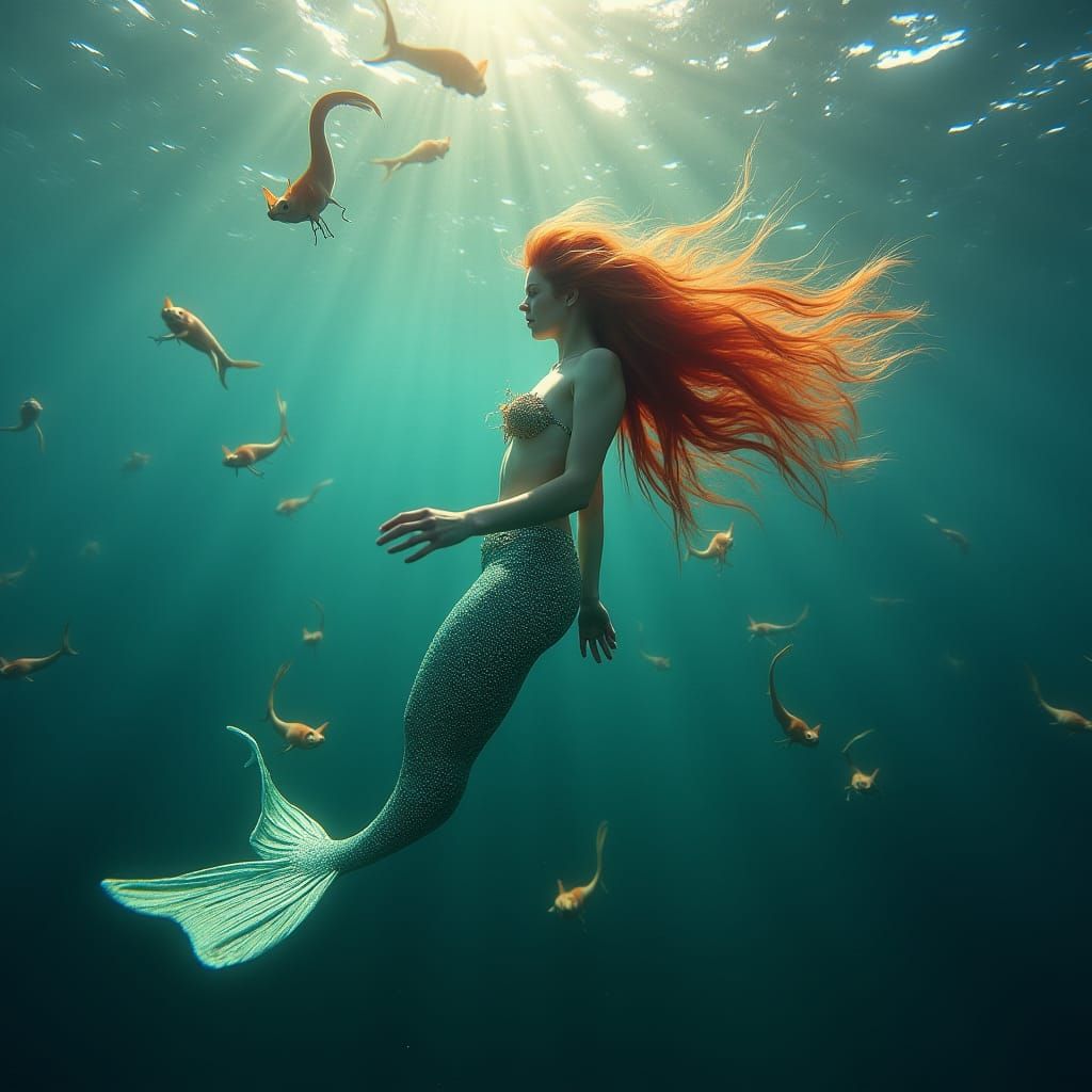 Redhead Mermaid in Pacific Ocean with Fish-tailed Cats