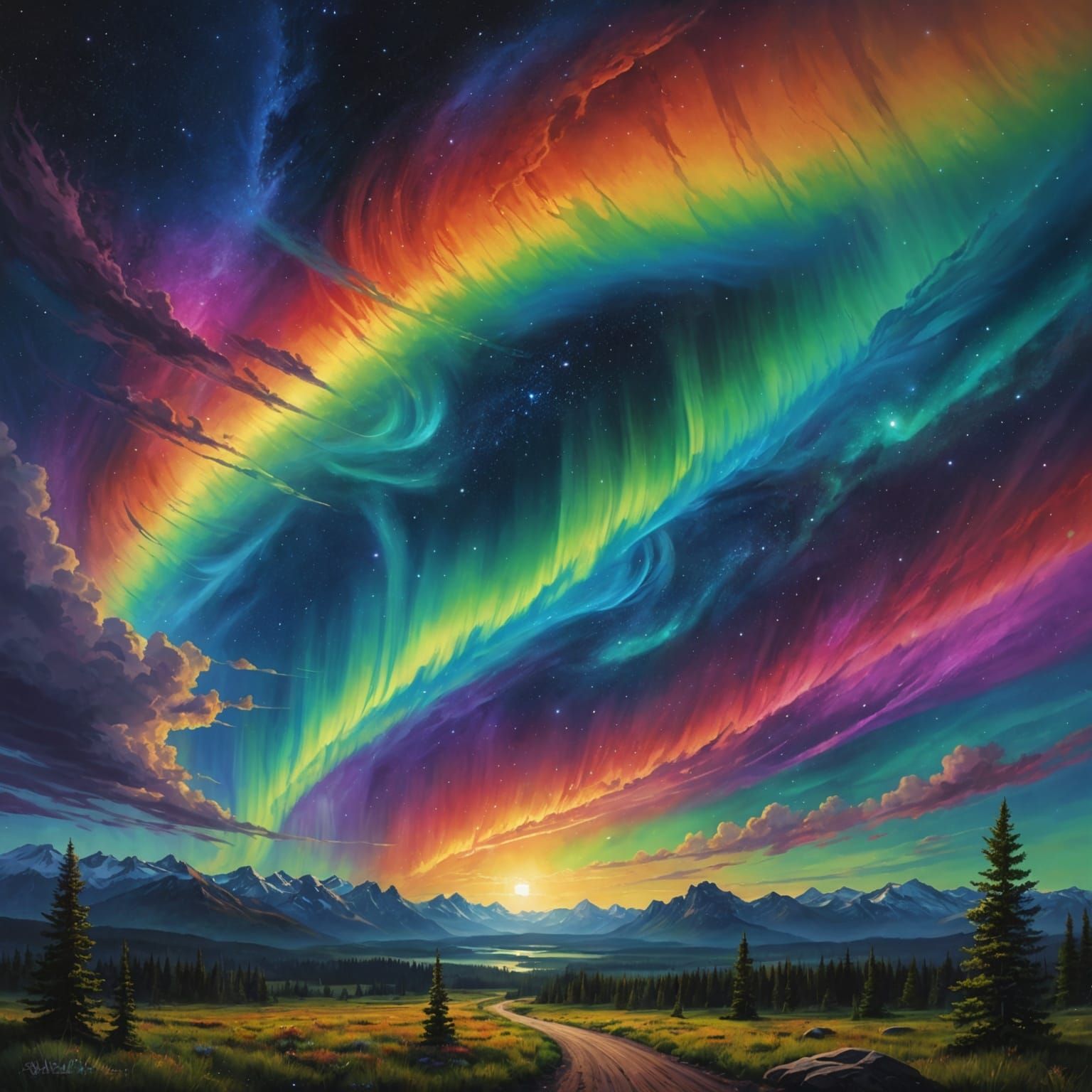 Rainbow Auroras in Impasto Gouache Style