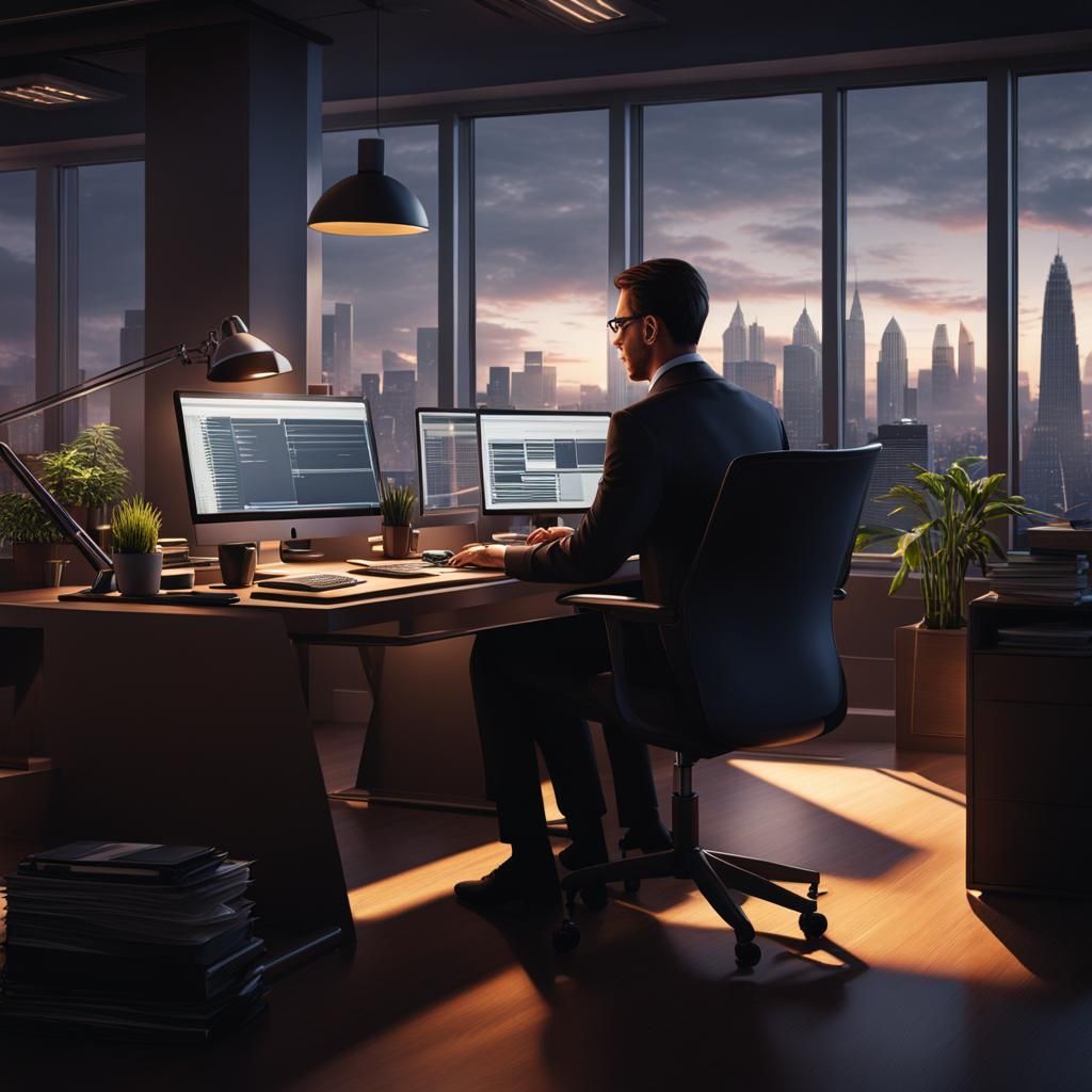 Focused Office Worker in Detailed Matte Painting Style
