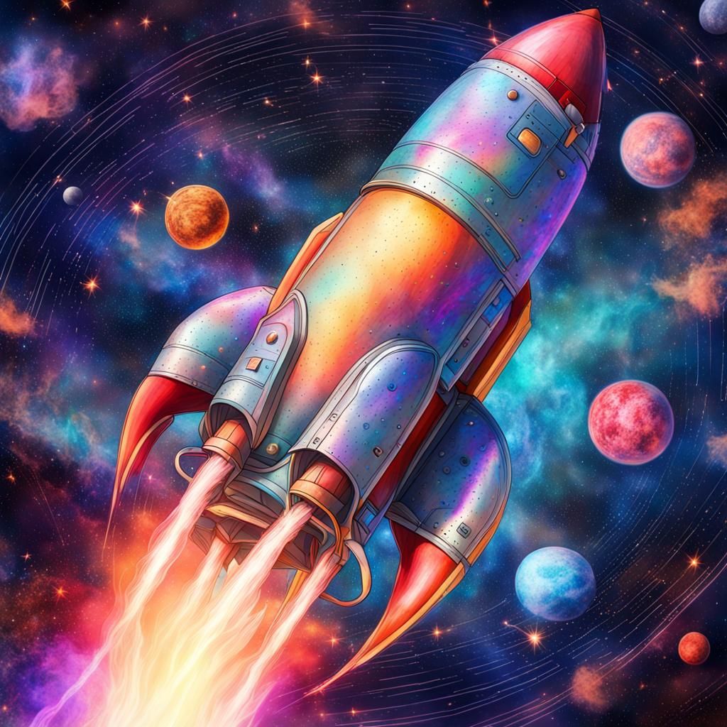 Rocket Through Space in Astral Illustration Style