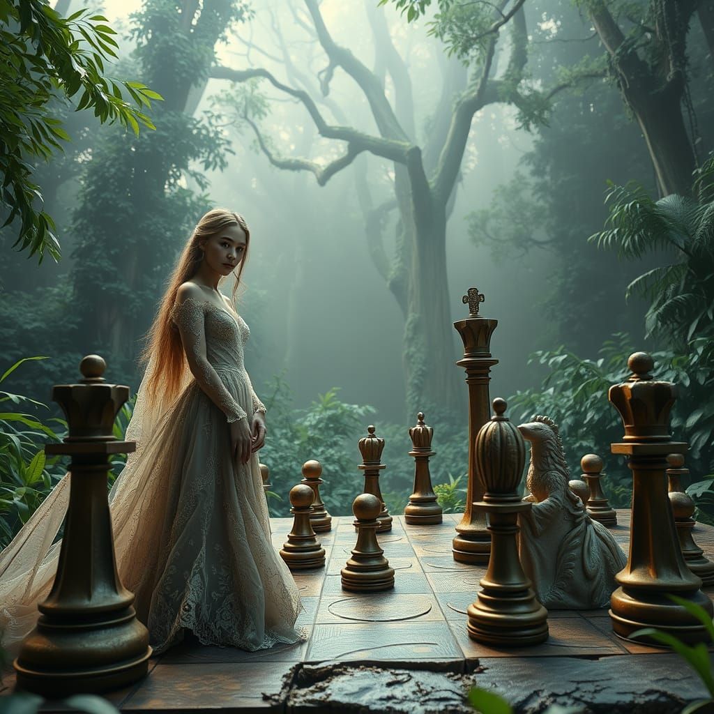 Elegant Women Prepare to Checkmate in a Mystical Forest