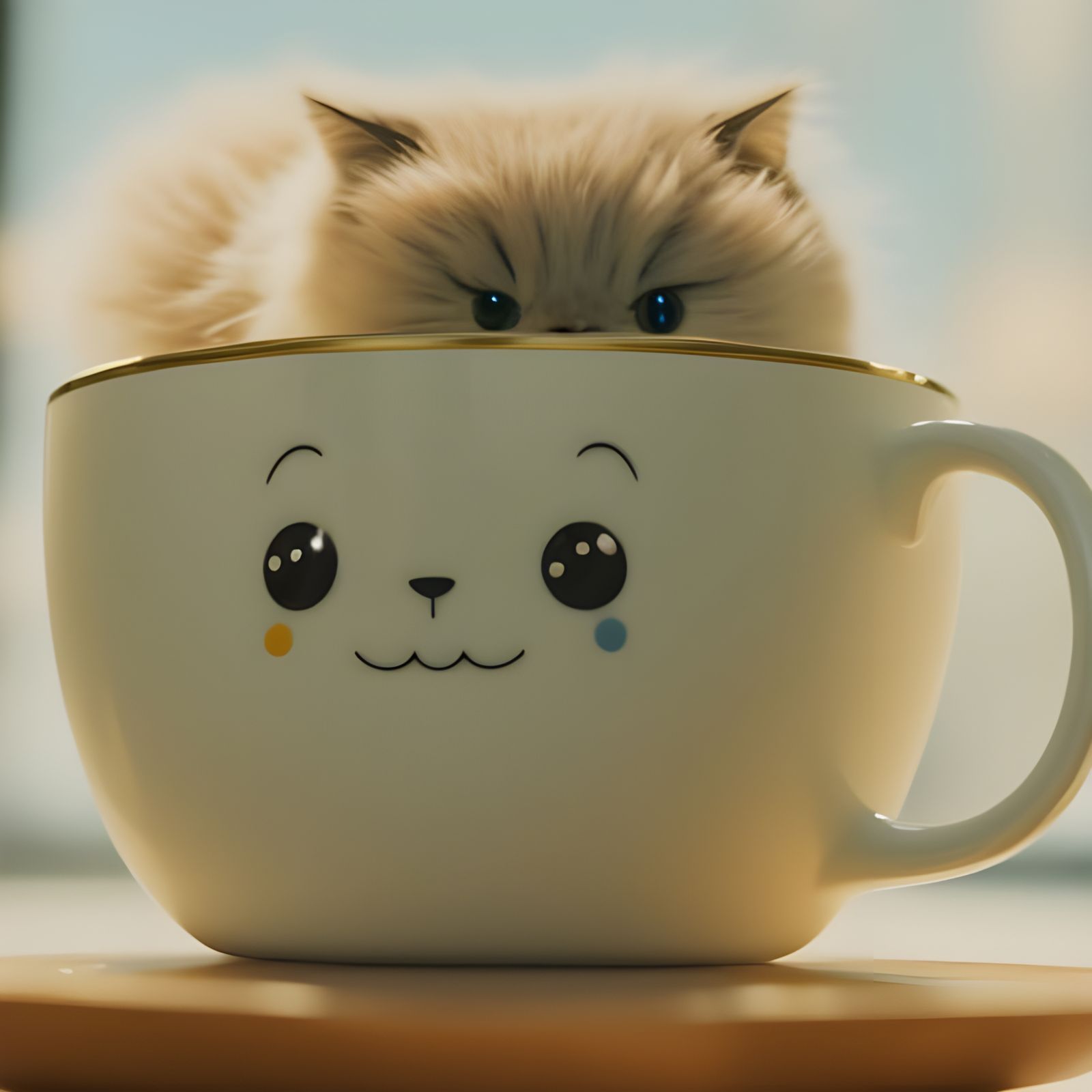 Cute Anime Cat in Teacup, Photorealistic 8K Render