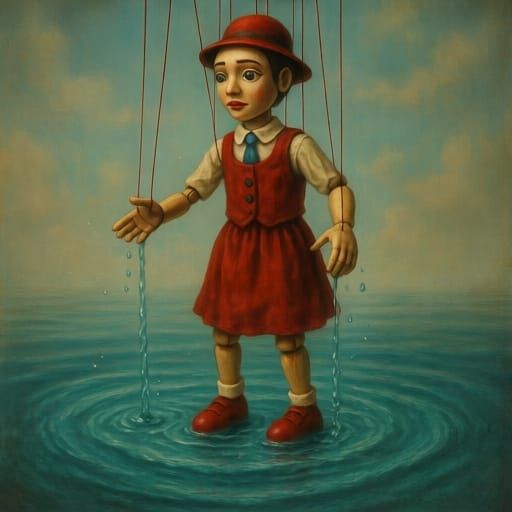 Surreal Water Marionette in Dreamlike Landscape