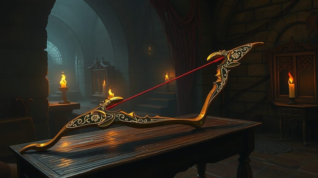 Mystical Golden Bow in Dark Dungeon: Fantasy Art