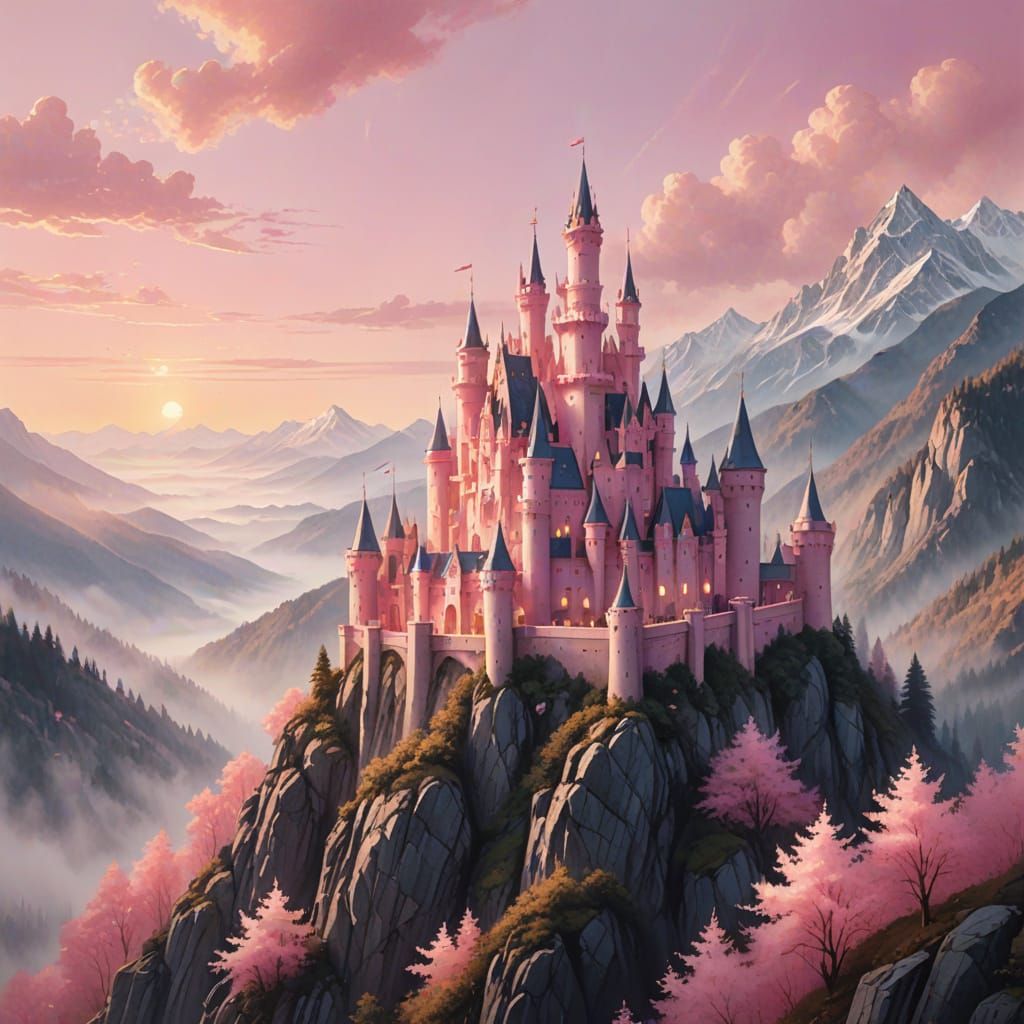 Pink Princess Castle in Watercolor Style
