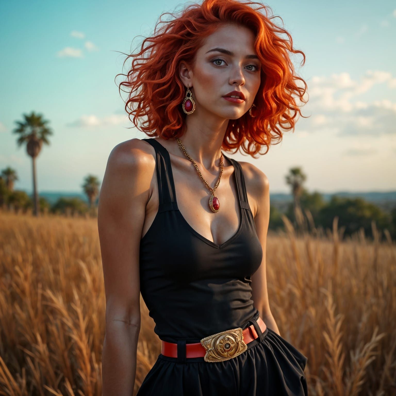 Ethereal Redhead in Windswept Landscape