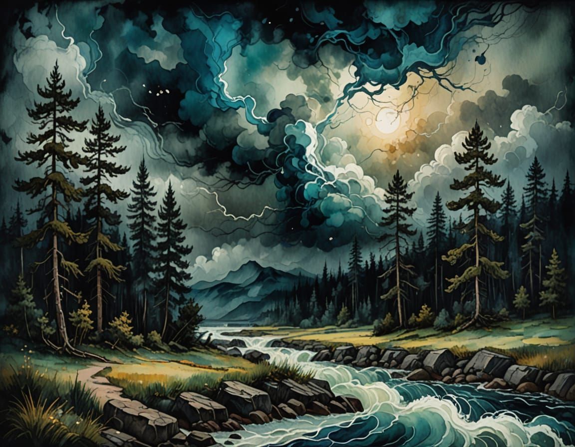 Dramatic Lightning Strikes Over Lush Forest Landscape