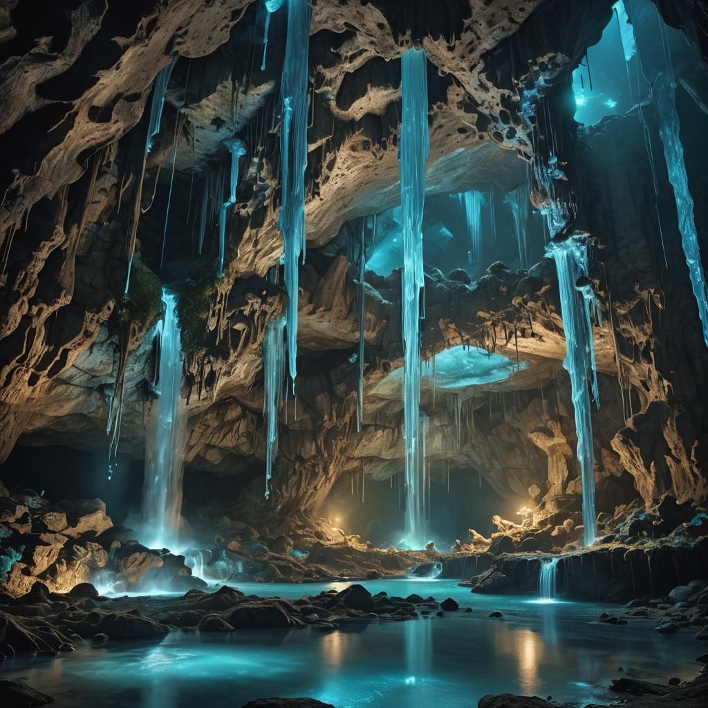 Bioluminescent Waterfall Cave with Glowing Fungi