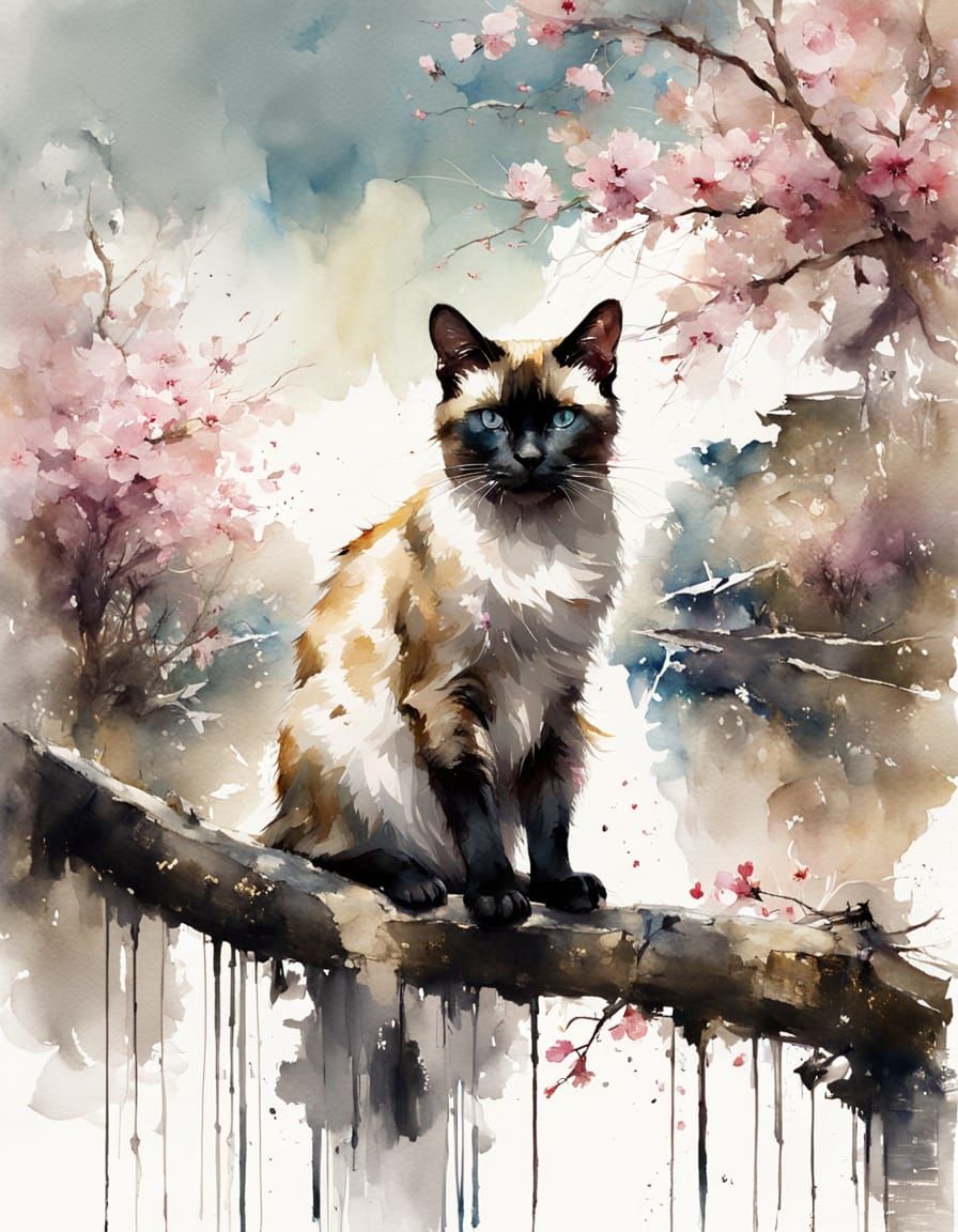 Beautiful Watercolor Siamese Cat in Sakura Landscape