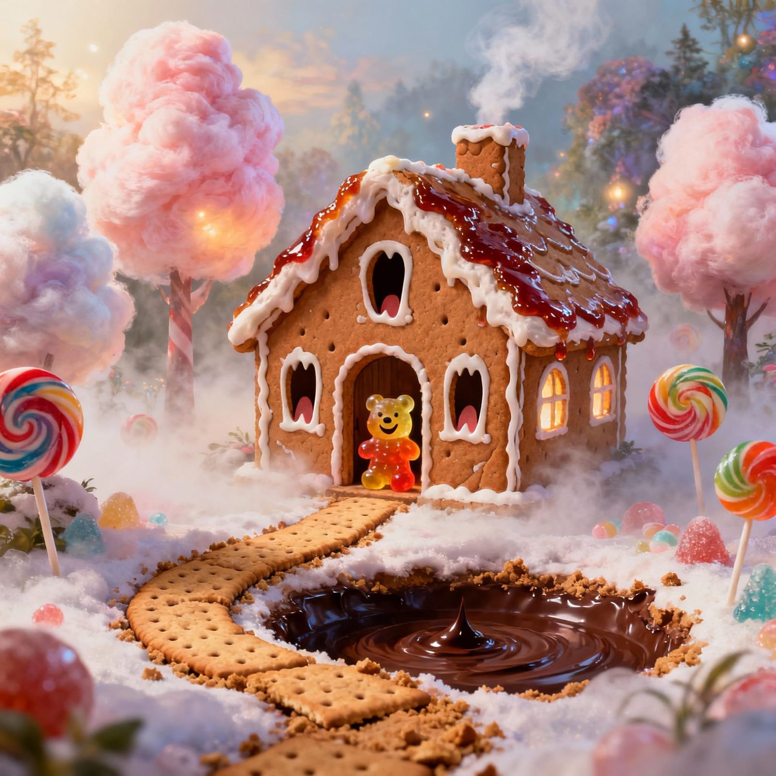 Whimsical Gingerbread Cottage with Candy Trees