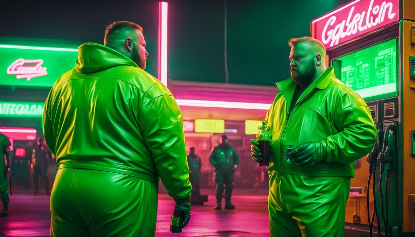 Overweight Men in Neon Suits at Gas Station