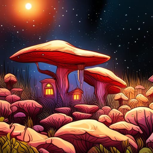 Enchanted Cottage in Starry Meadow, Fairycore Art