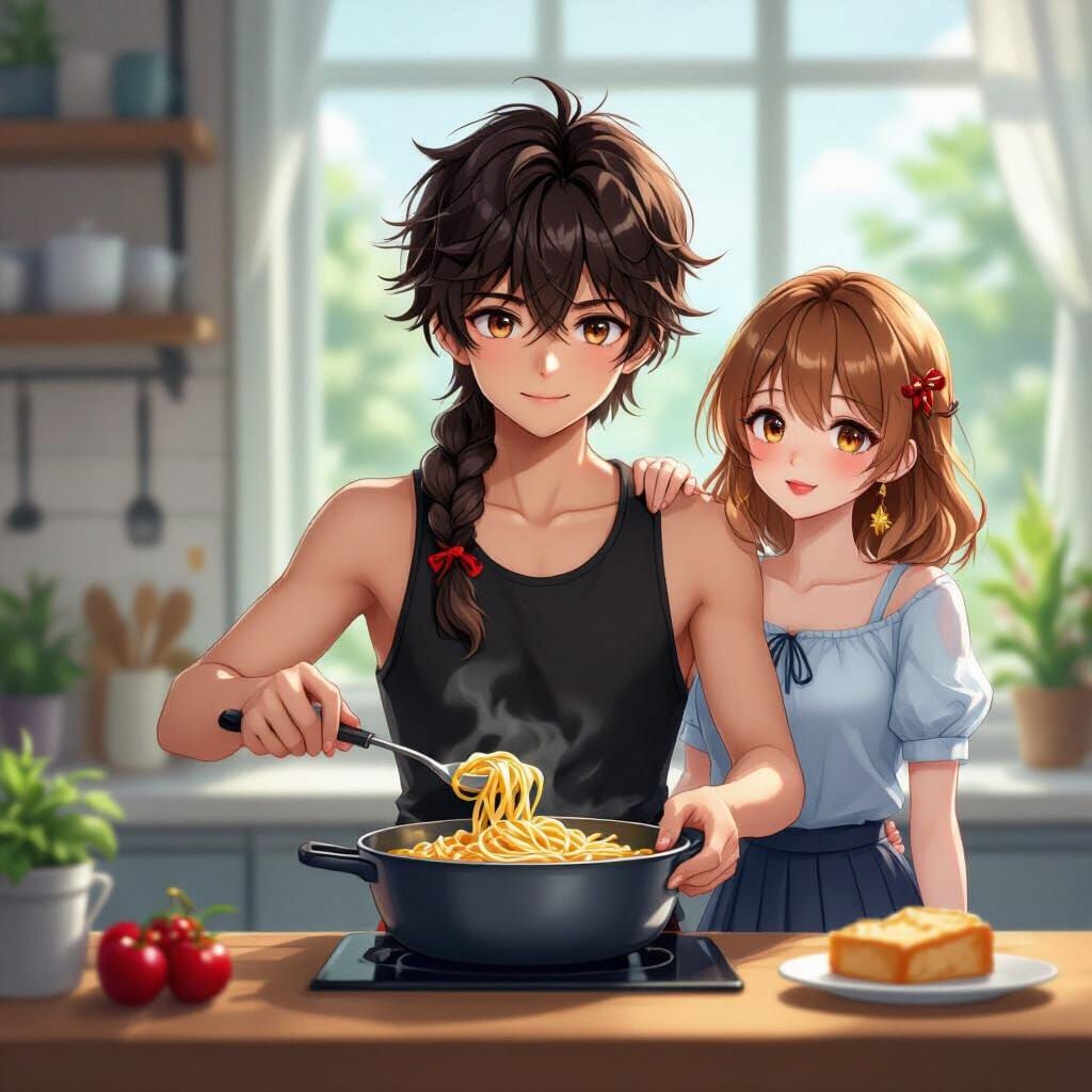 Anime-Inspired Boy Cooking Fettuccine with Framed Photograph