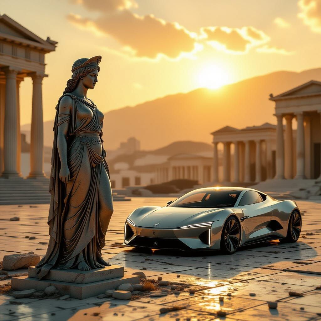Futuristic Car and Greek Statue in Dystopian Ruins