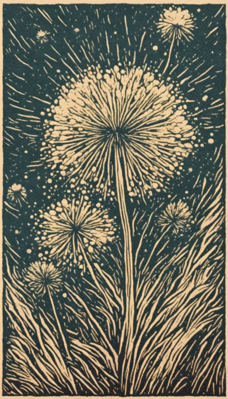 Dandelion Flower in Linocut Style