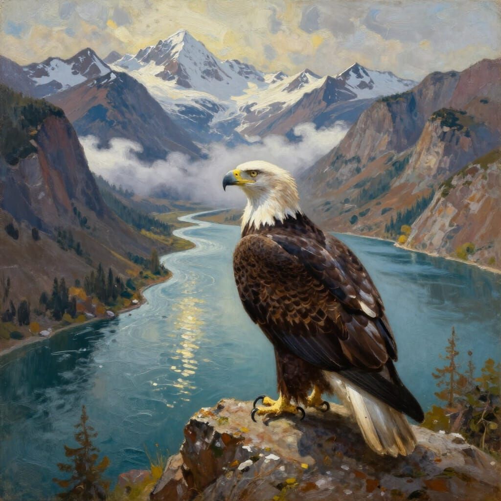 Majestic Eagle Oil Painting Over Mountain Landscape
