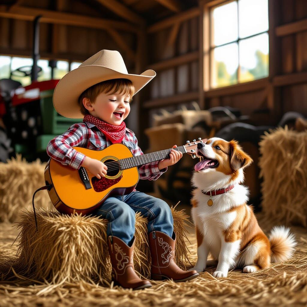 Cowboy Boy and Dog Sing in Barn, Anime Style