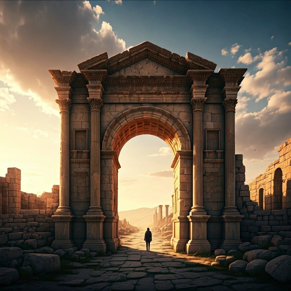 Majestic Archway Amid Ancient Ruins, Hyperrealistic Digital ...