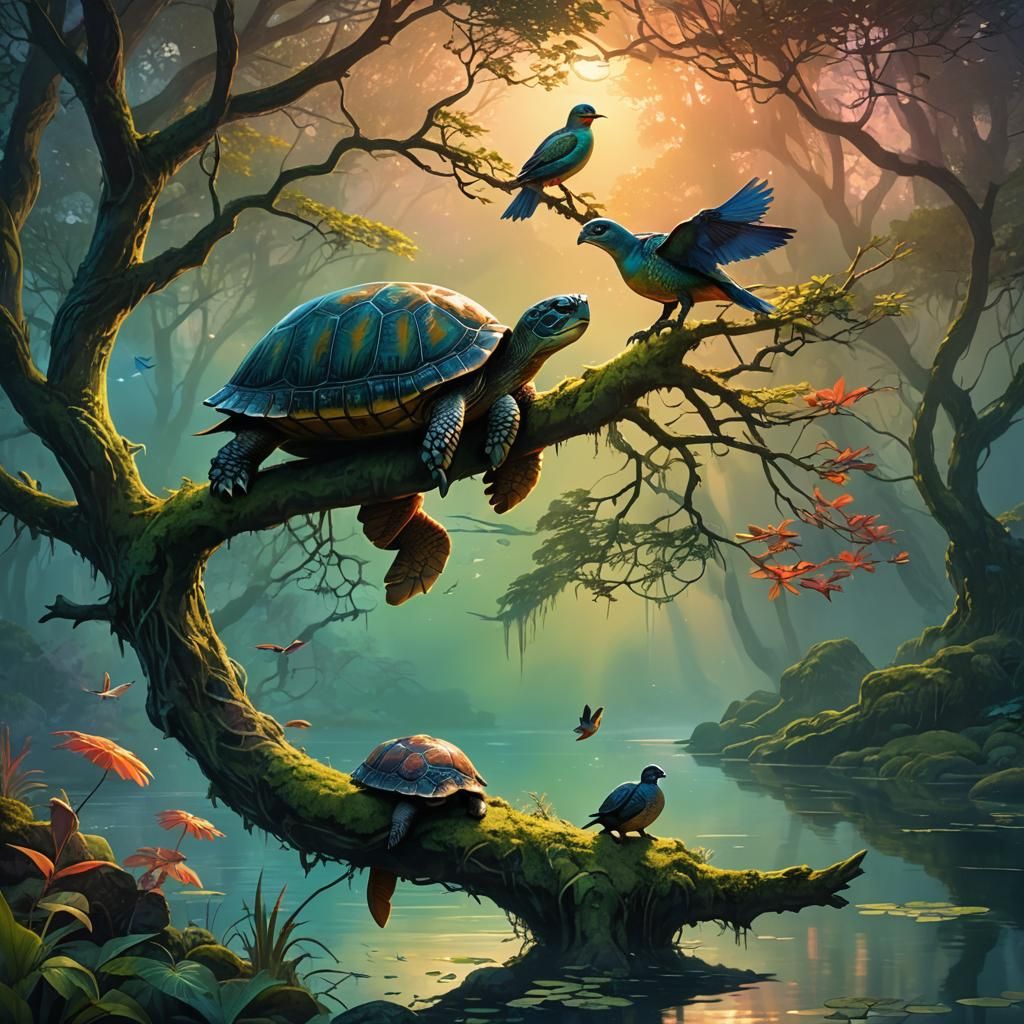 Turtle and Bird Fantasy Art on a Misty Lake