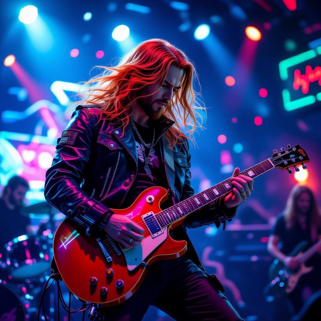 Cyberpunk Guitarist in Neon Lightscape