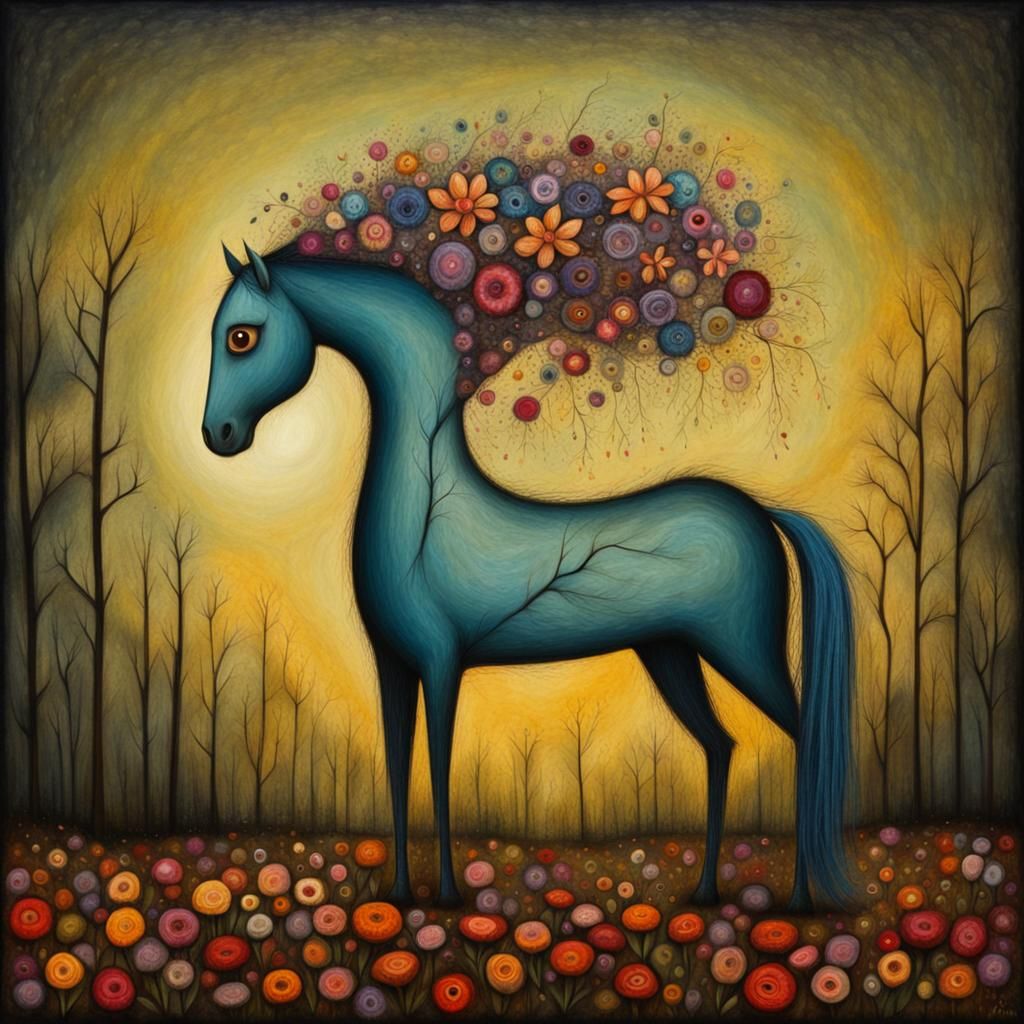 Surreal Floral Horse in Dark Fairytale Style