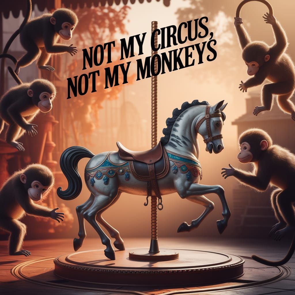 Carousel Horse with Monkeys and Text Overlay